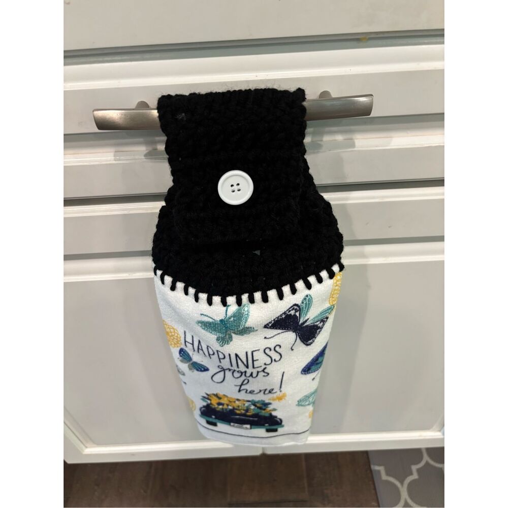 Crochet Top Kitchen Towel-Coffee-Happiness grows here butterfly/car